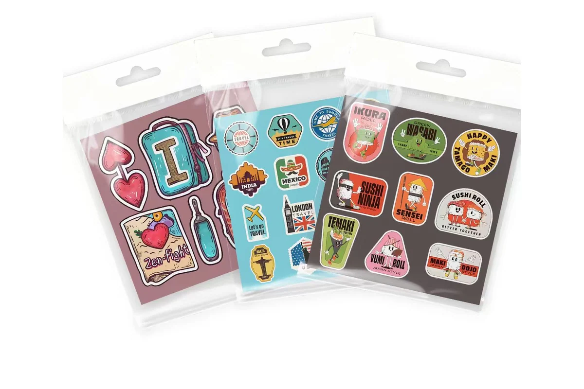 Printed sticker sheets in individual clear hanging packs.