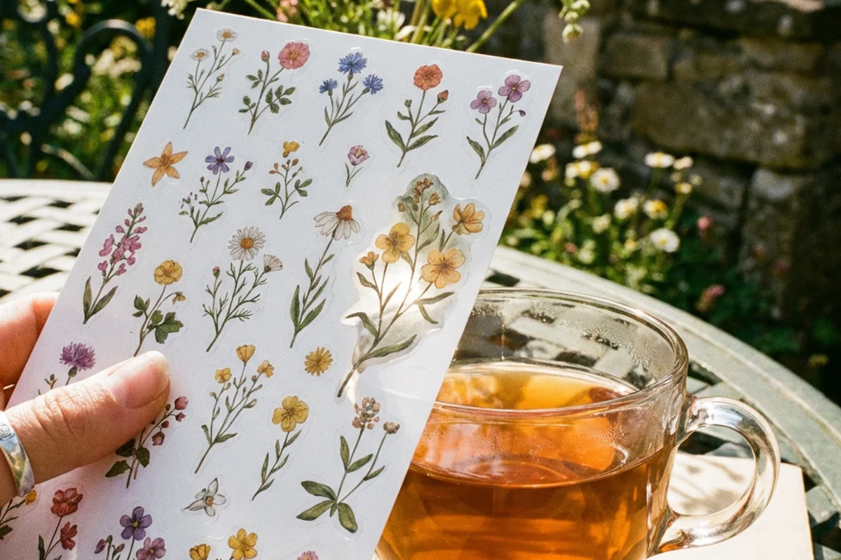 A botanical sticker sheet held beside a clear glass cup