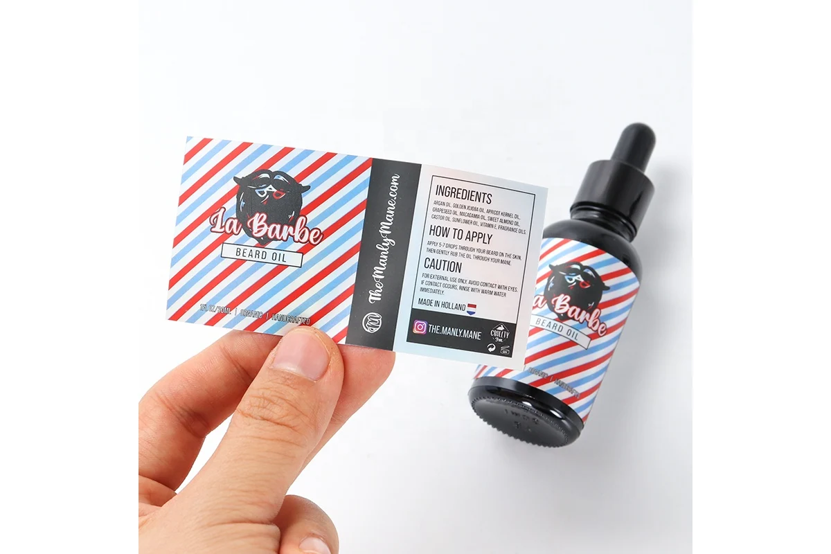 A clear printed bottle label held beside a matching dropper bottle