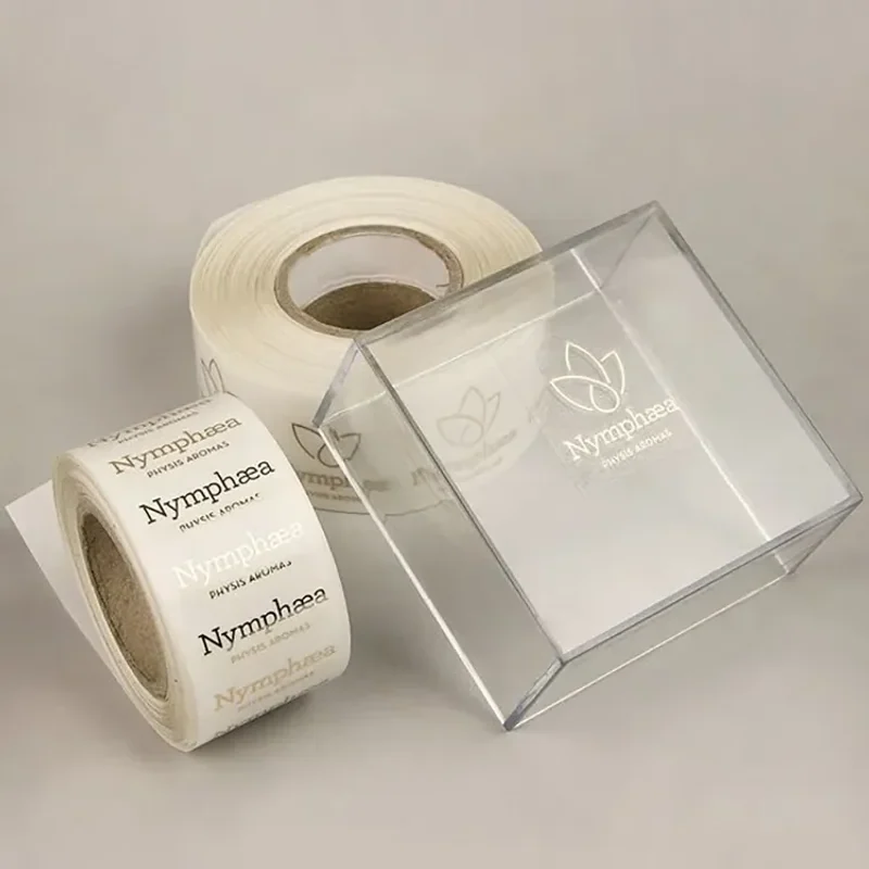 A clear logo label on square transparent packaging