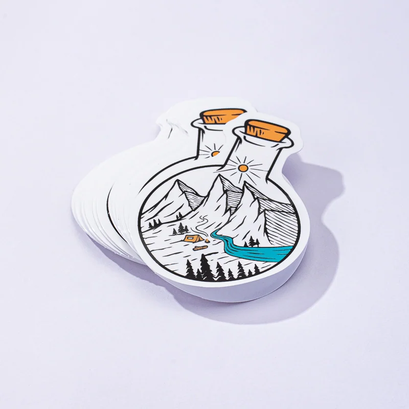 Bottle-shaped illustrated stickers with a white border
