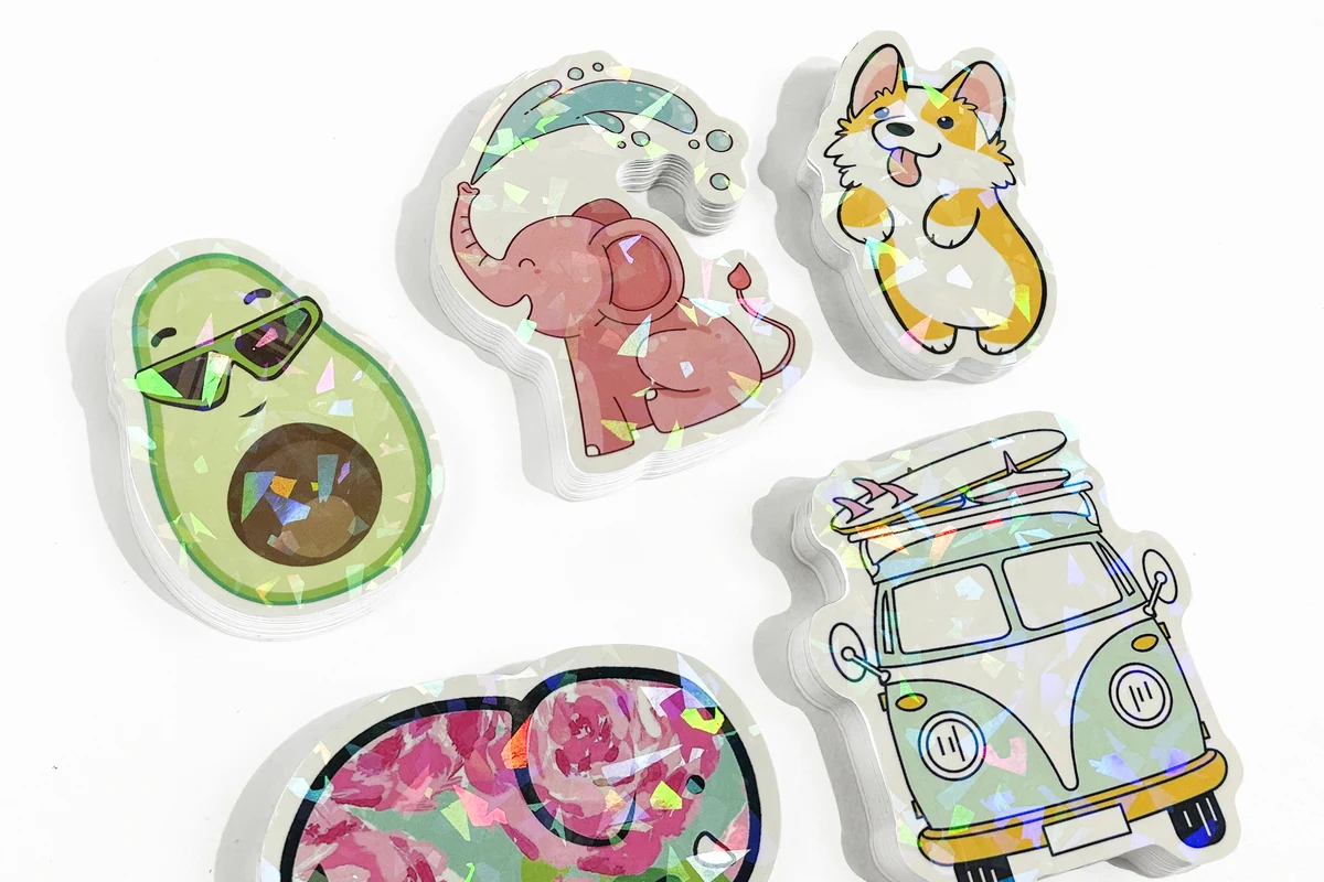 Printed holographic sticker stacks with visible reflective flakes