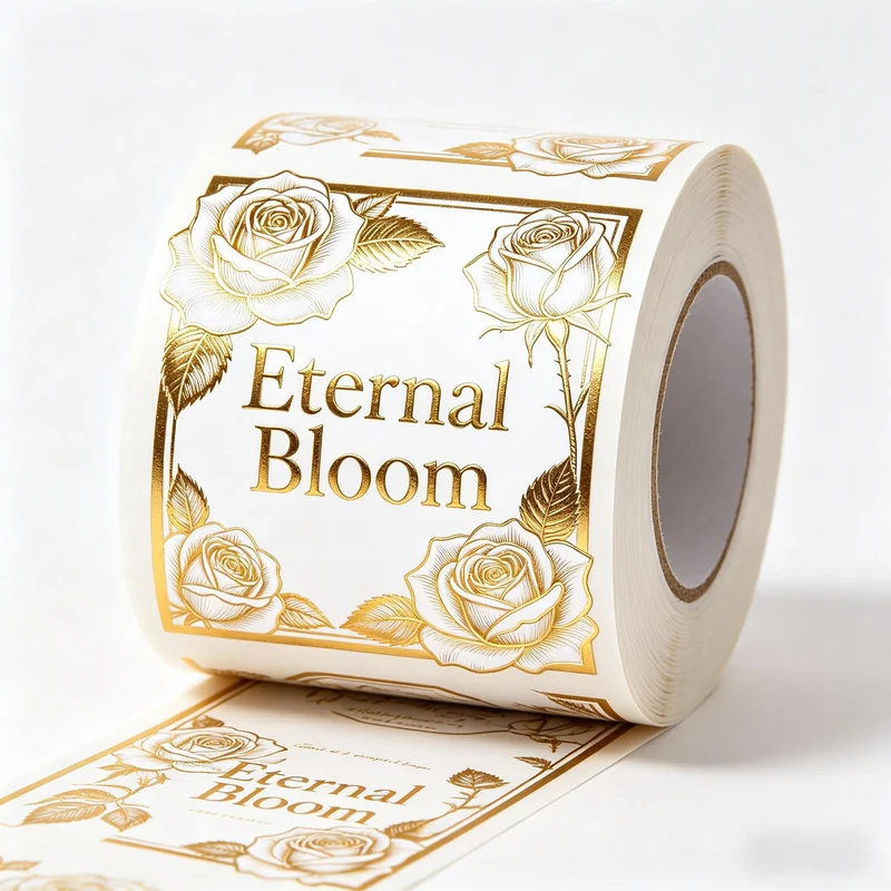 Square floral labels with gold foil details on a roll