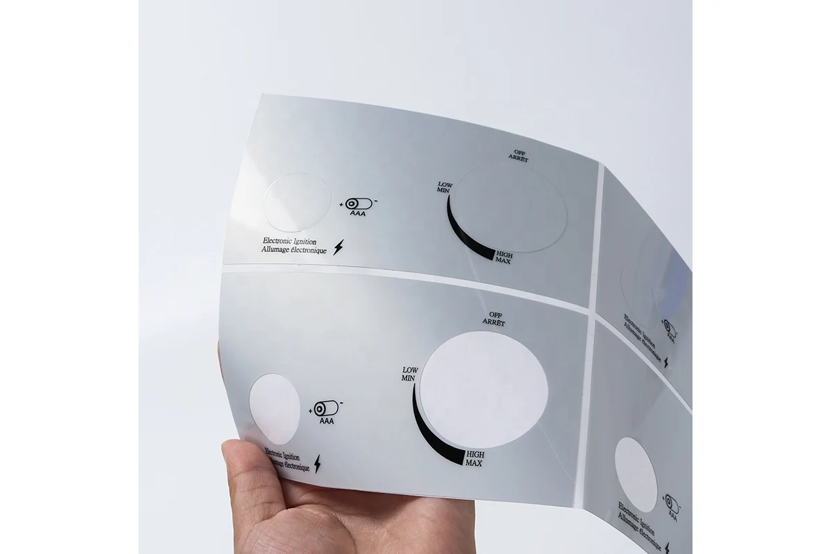 A hand holds a silver printed panel overlay with circular cutouts