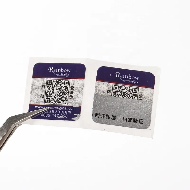 Two small QR code security labels with a silver scratch off area.