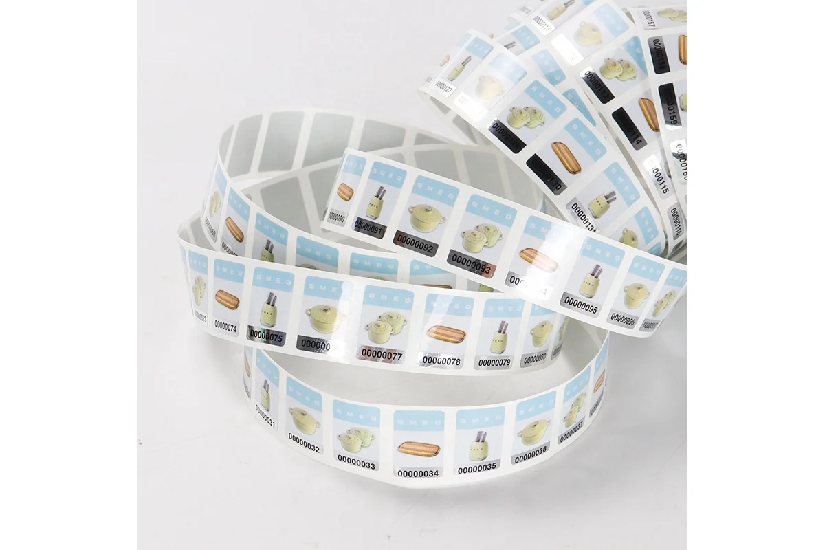 Several rolls of small identification labels with consecutive printed numbers