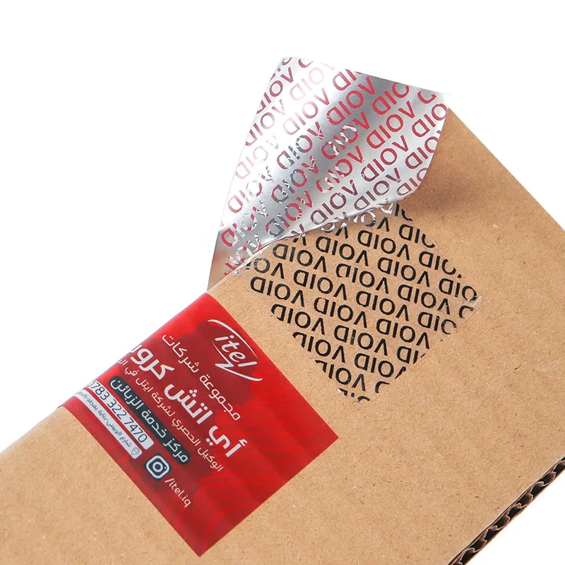 A red security label lifted from a cardboard box leaving a repeated VOID pattern.