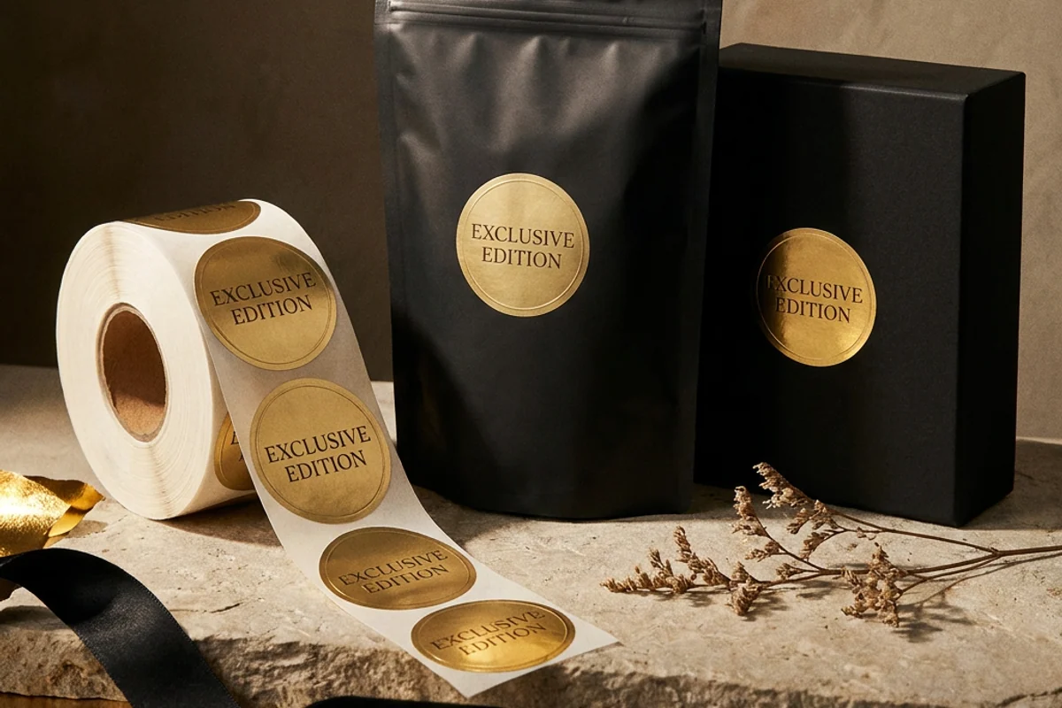 Printed round label rolls beside coffee packaging bags