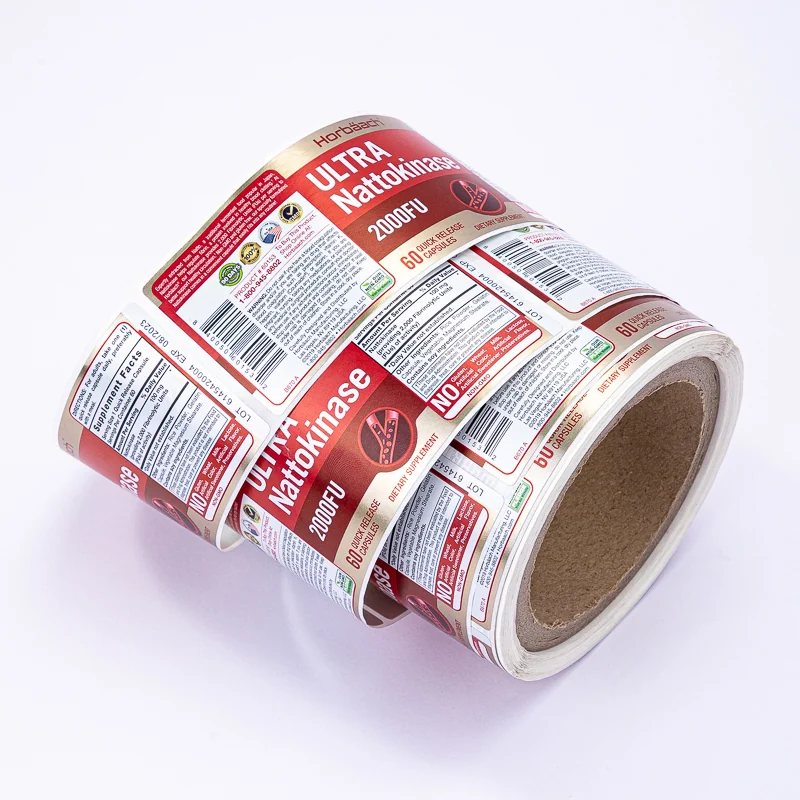 Rectangular printed packaging labels on a roll