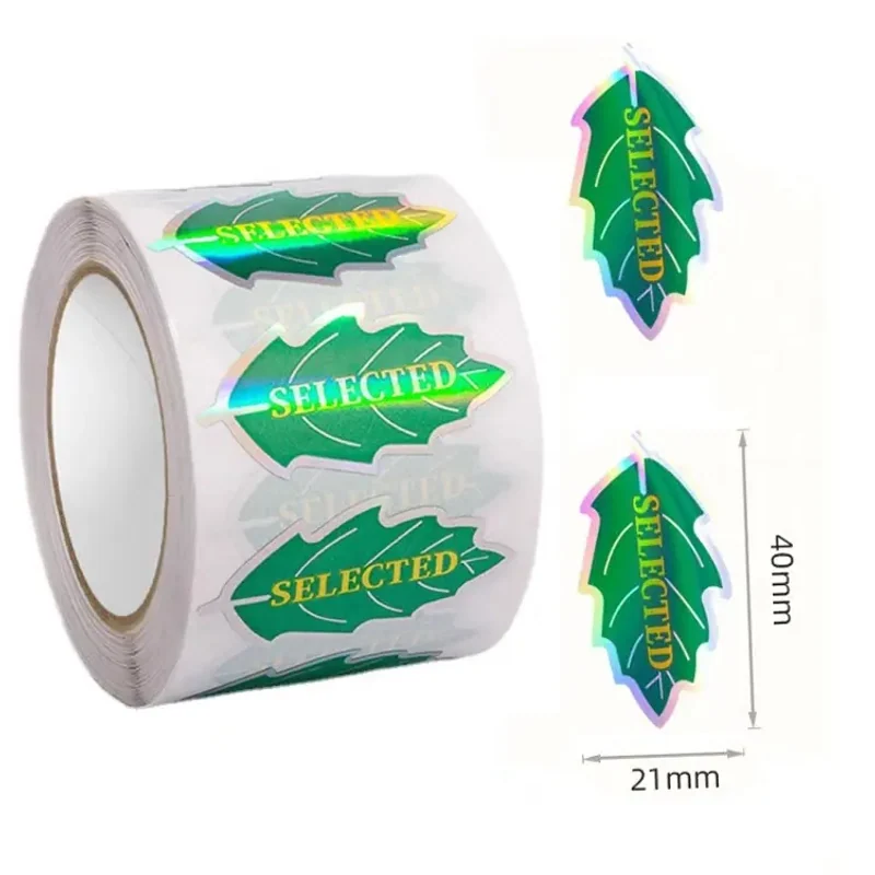 Leaf-shaped printed labels arranged on a roll