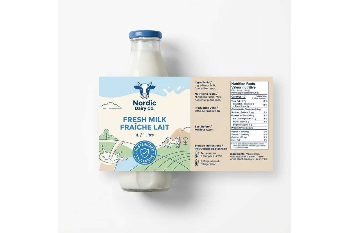 A printed milk label with branding and product information beside a labeled bottle