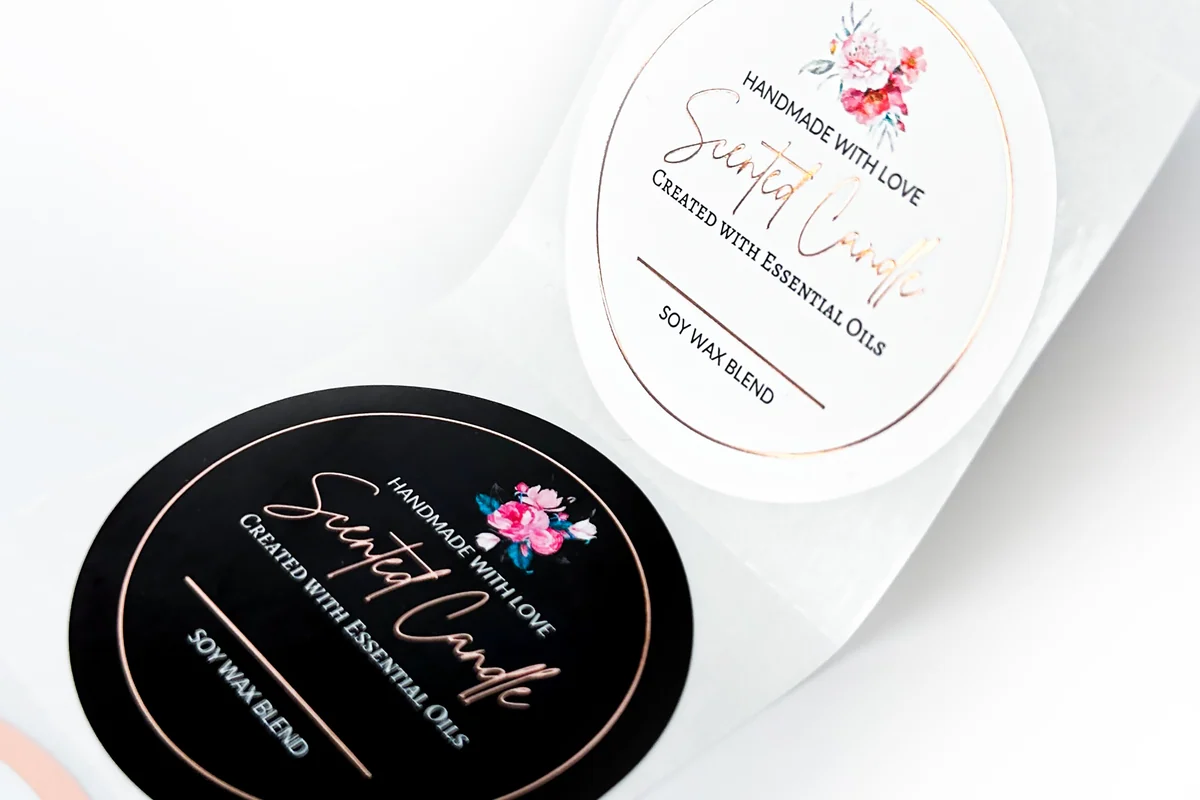 Round packaging labels with fine printed lettering