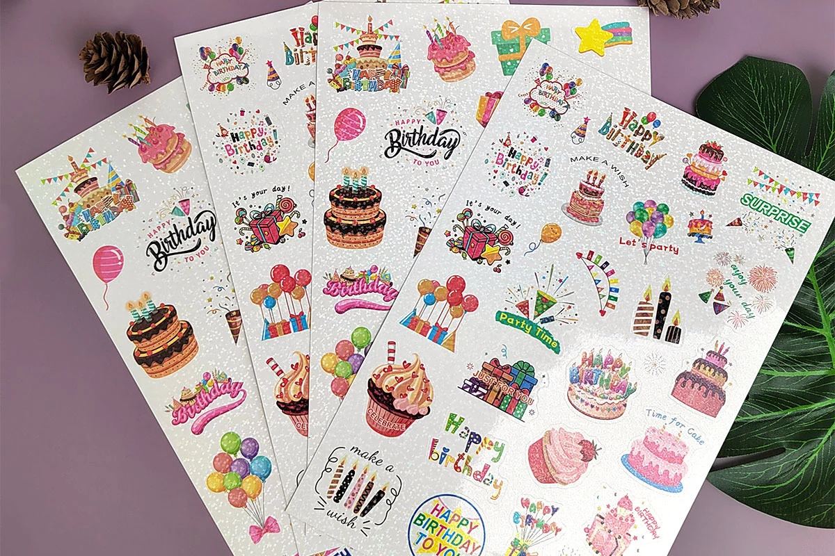 Birthday-themed sticker sheets with coordinated designs