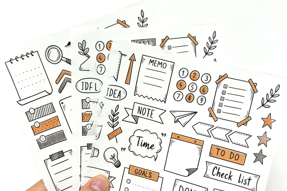 Two printed planner sticker sheets held by hand