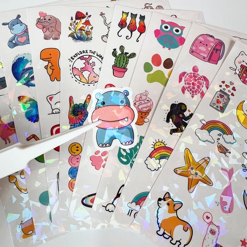 Illustrated sticker sheets with a reflective film finish