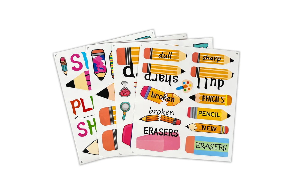 Several school-themed sticker sheets arranged together