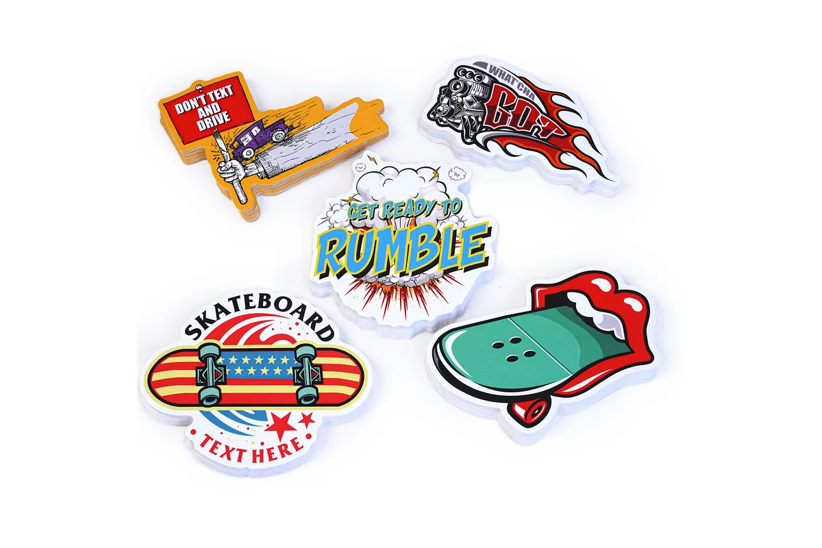 Printed stickers in custom lettering and illustrated outlines.