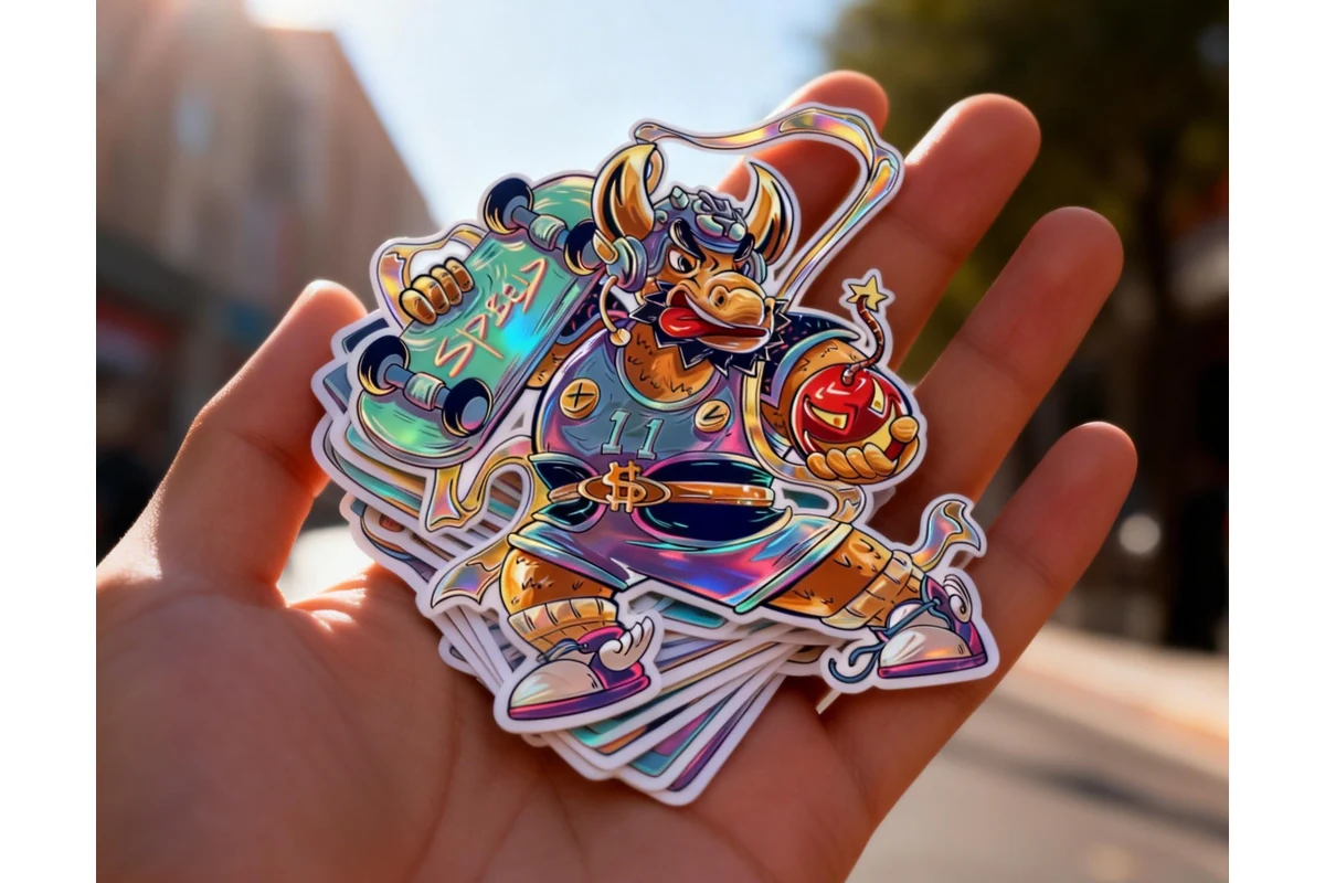 A hand holding reflective die-cut stickers in daylight