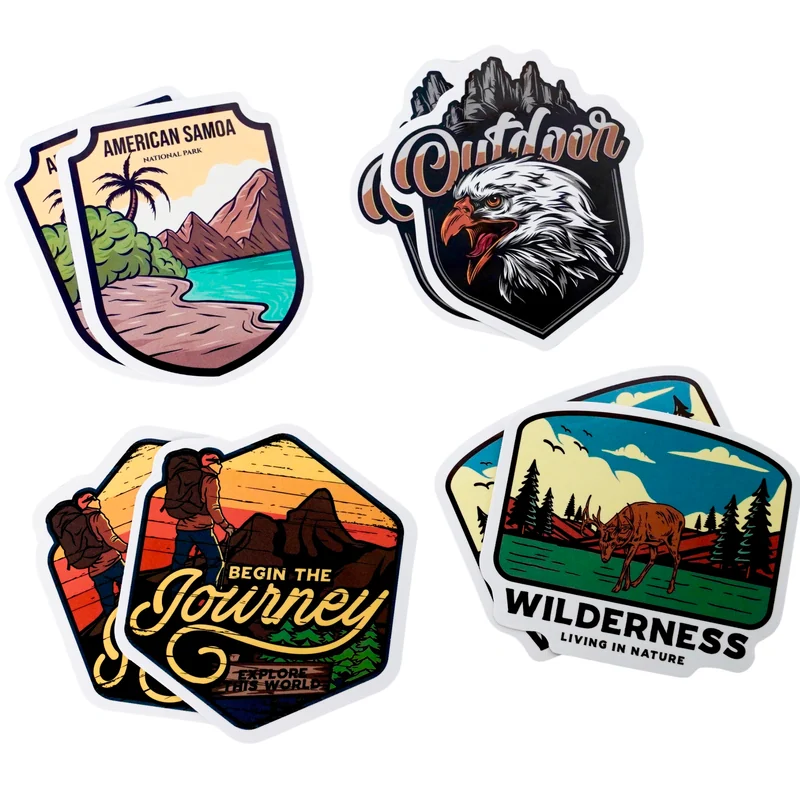 Outdoor themed stickers cut around several different outlines.