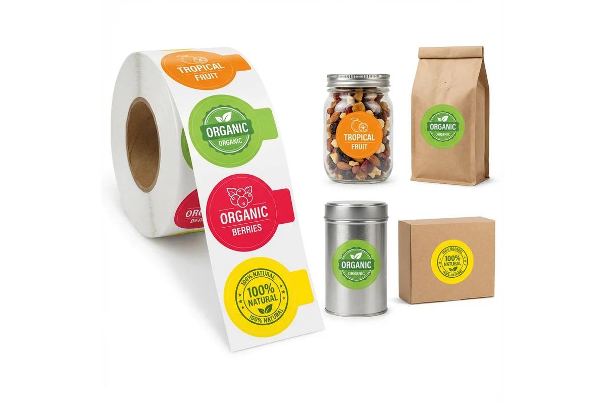 Printed label rolls beside jars, a pouch and a cardboard box.