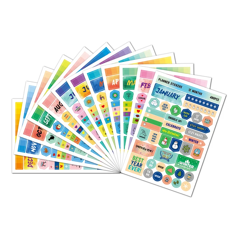 A fan of colorful planner sticker sheets.