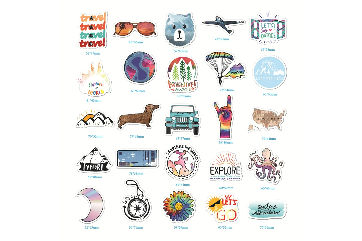 Travel themed designs printed in different colors and shapes.