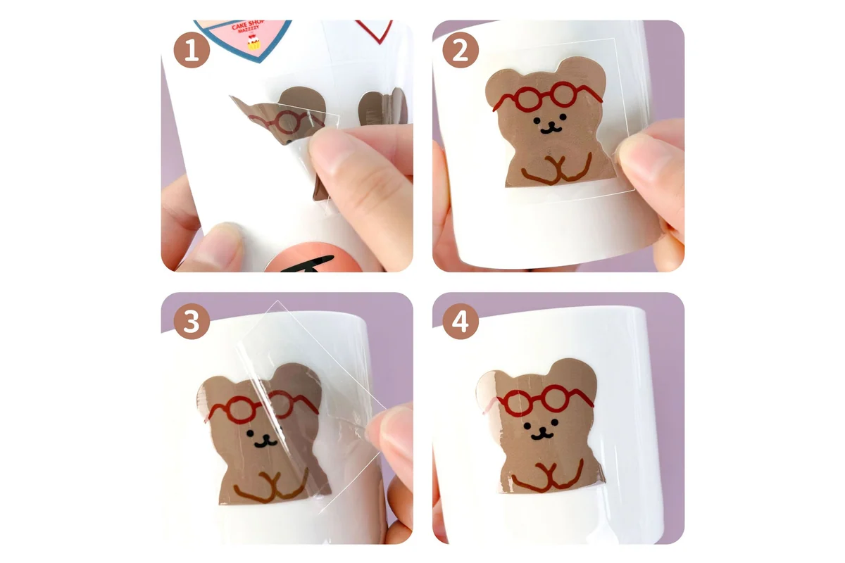 Four views showing a bear illustration transferred onto a white cup.