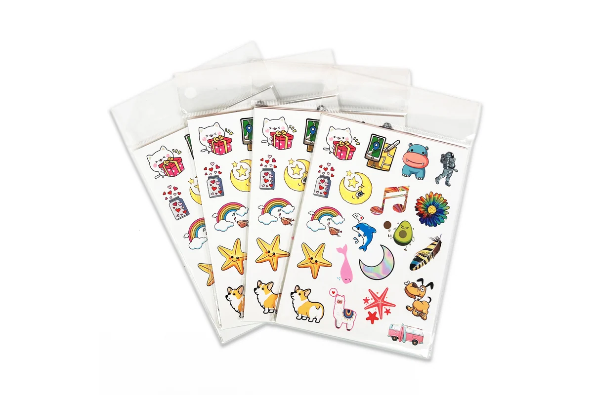 Illustrated sticker sheets in individual clear sleeves.