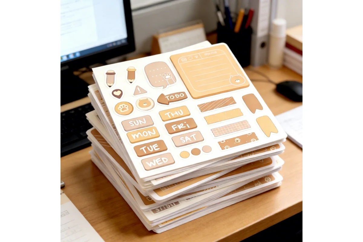 A stack of beige planner sticker sheets on a desk.